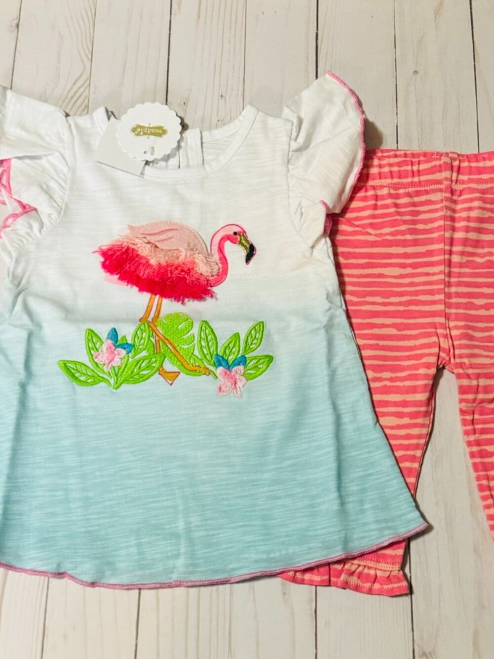 Mud Pie Flamingo Coral Pink Aqua Tunic & Capri Set 9-12 Months